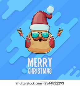 vector rock star Santa potato funny cartoon cute character with red Santa hat and calligraphic merry Christmas text isolated on abstract cartoon blue background. Christmas party poster or card