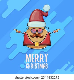 vector rock star Santa potato funny cartoon cute character with red Santa hat and calligraphic merry Christmas text isolated on abstract cartoon blue background. Christmas party poster or card