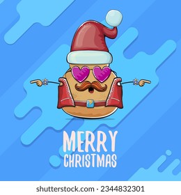 vector rock star Santa potato funny cartoon cute character with red Santa hat and calligraphic merry Christmas text isolated on abstract cartoon blue background. Christmas party poster or card