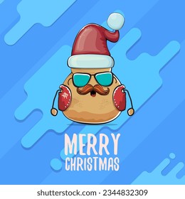 vector rock star Santa potato funny cartoon cute character with red Santa hat and calligraphic merry Christmas text isolated on abstract cartoon blue background. Christmas party poster or card