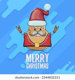 vector rock star Santa potato funny cartoon cute character with red Santa hat and calligraphic merry Christmas text isolated on abstract cartoon blue background. Christmas party poster or card