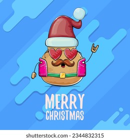 vector rock star Santa potato funny cartoon cute character with red Santa hat and calligraphic merry Christmas text isolated on abstract cartoon blue background. Christmas party poster or card