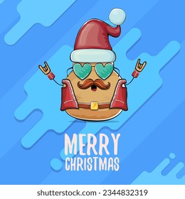 vector rock star Santa potato funny cartoon cute character with red Santa hat and calligraphic merry Christmas text isolated on abstract cartoon blue background. Christmas party poster or card