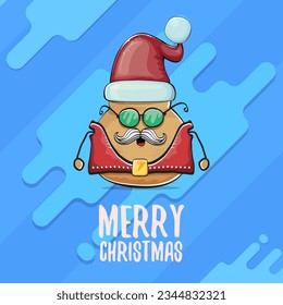 vector rock star Santa potato funny cartoon cute character with red Santa hat and calligraphic merry Christmas text isolated on abstract cartoon blue background. Christmas party poster or card