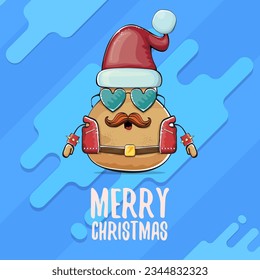 vector rock star Santa potato funny cartoon cute character with red Santa hat and calligraphic merry Christmas text isolated on abstract cartoon blue background. Christmas party poster or card
