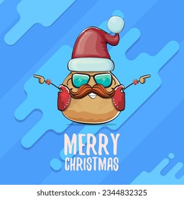 vector rock star Santa potato funny cartoon cute character with red Santa hat and calligraphic merry Christmas text isolated on abstract cartoon blue background. Christmas party poster or card