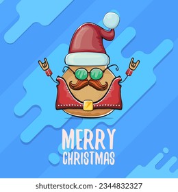 vector rock star Santa potato funny cartoon cute character with red Santa hat and calligraphic merry Christmas text isolated on abstract cartoon blue background. Christmas party poster or card