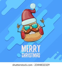 vector rock star Santa potato funny cartoon cute character with red Santa hat and calligraphic merry Christmas text isolated on abstract cartoon blue background. Christmas party poster or card