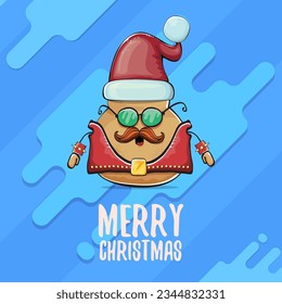 vector rock star Santa potato funny cartoon cute character with red Santa hat and calligraphic merry Christmas text isolated on abstract cartoon blue background. Christmas party poster or card