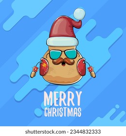 vector rock star Santa potato funny cartoon cute character with red Santa hat and calligraphic merry Christmas text isolated on abstract cartoon blue background. Christmas party poster or card