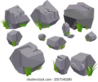 Vector rock stone and grass set a variety shape for cartoon. Stones and rocks in isometric 3d flat style. Set of different boulders. Cartoon or Video Game props