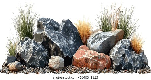 Vector rock stones cut out layout composition, transparent background, natural rock elements, stone texture, isolated rock, landscape design, environmental graphics