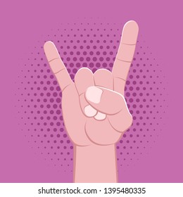 vector rock symbolic crossed fingers male palm hand goat gesture concept sign vintage illustration retro poster design isolated on violet pink dotted background
