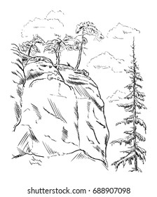 vector - rock with trees isolated on background