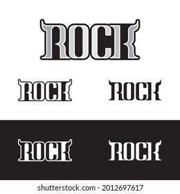 Vector rock typographic logo with horns on the sides. Music illustration.