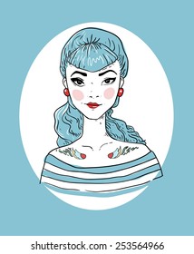 Vector rockabilly girl with blue hair