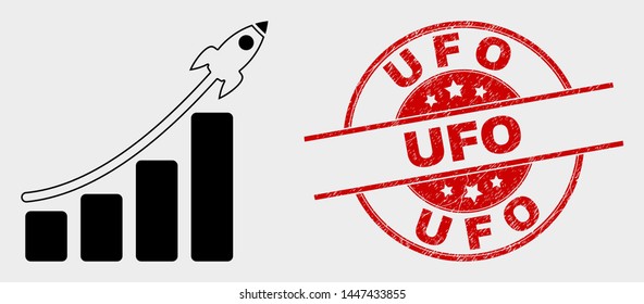 Vector rocket bar chart pictogram and UFO stamp. Red round distress watermark with UFO text. Vector combination for rocket bar chart in flat style. Black isolated rocket bar chart pictogram.