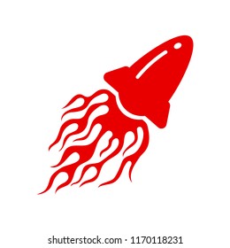 Vector rocket burning flames exhaust. Cartoon red space ship launch emblem with blazing fire flame isolated on white background. Blazing illustration for flammable danger design or gas safety logo.