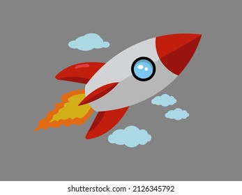 Vector rocket with bursts of fire and clouds. Cool and modern animated logo cartoon suitable for design and editors

