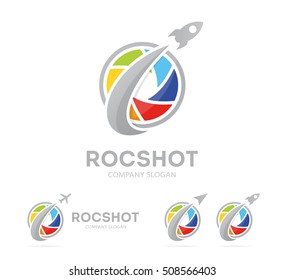 Vector of rocket and camera shutter logo combination. Airplane and photography symbol or icon. Unique photo and lens logotype design template.