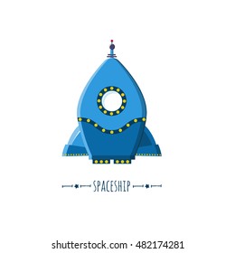 Vector rocket in cartoon retro style. Blue spaceships. Icon and emblem design template. Vector illustration rocket ship.