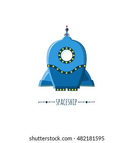 Vector rocket in cartoon vintage style. Blue spaceships. Icon and emblem design template. Vector illustration rocket ship.