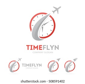 Vector of rocket and clock logo combination. Airplane and timer symbol or icon. Unique express and watch logotype design template.