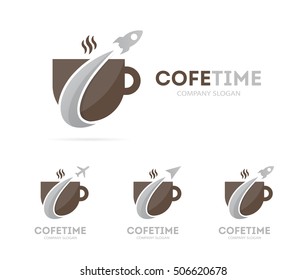 Vector of rocket and coffee logo combination. Airplane and coffeehouse symbol or icon. Unique drink and flight logotype design template.