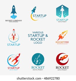 Vector Rocket Design Logo, elements, icons, symbols, abstract, set, shape with Flat Style Design. Vector Illustration