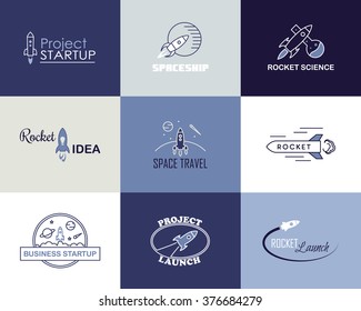 Vector rocket design logo set isolated. Space icons illustration. Emblem concept sign. Start up idea. Business or travel elements. Graphic line cartoon style. Success badge