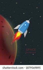 Vector rocket design on the background of the cosmic galaxy. Place for text