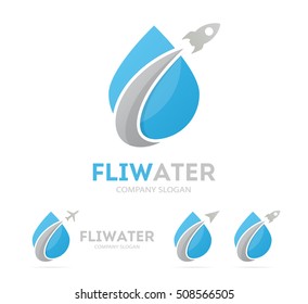 Vector of rocket and drop logo combination. Airplane and aqua symbol or icon. Unique water and oil logotype design template.