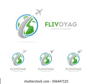 Vector of rocket and earth logo combination. Airplane and world symbol or icon. Unique global and ecology logotype design template.