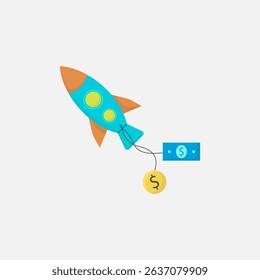 Vector rocket flying with money tied behind it, for an illustration of finances going up, finance design