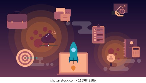 vector rocket flying to space above clouds with technology icons. Stratup business background.