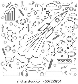 Vector Rocket Icon Isolated on White Background. Concept of Success, Start Up, Initiatives, Team Work. Lines Design