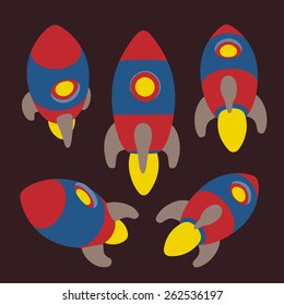 Vector rocket icon set. Different angles. Flat style.