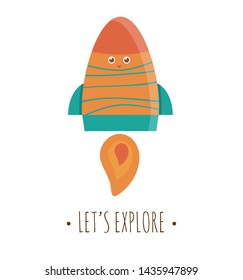 Vector rocket illustration for children. Bright and cute flat picture of smiling spaceship isolated on white background. Space exploration concept