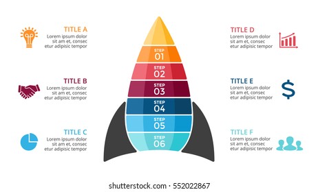 Vector rocket infographic, arrows diagram chart, graph presentation. Business startup info graphic 6 options, part, process. 16x9 slide. Colorful illustration. Layers step by step timeline to success.