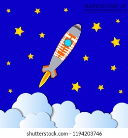Vector Rocket Launch Background, Starry Sky, Colorful Illustration, Start Up Concept, Paper Art Style.