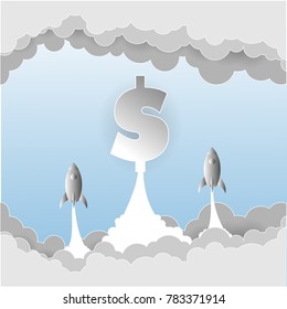 Vector of rocket launch with dollar sign. Rocket ship in a flat style. Flying rocket. Space travel.