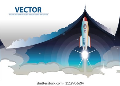 vector the rocket launch from the earth on space background.paper scaper