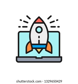 Vector rocket launch from laptop, startup flat color line icon.