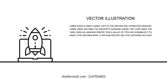 Vector rocket launch from laptop, startup one line icon. Continuous one line illustration.