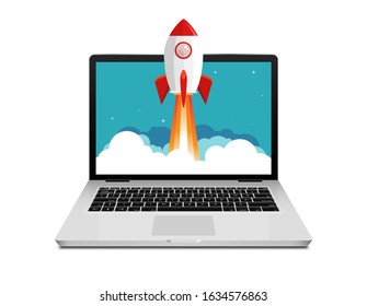 Vector Rocket Launch Website Computer Concept Illustration. Business Start Rocket Launch.