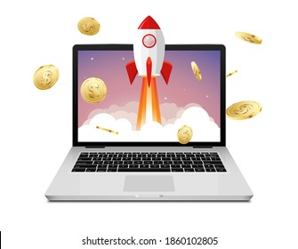 Vector rocket launch website computer concept illustration. Business start rocket launch