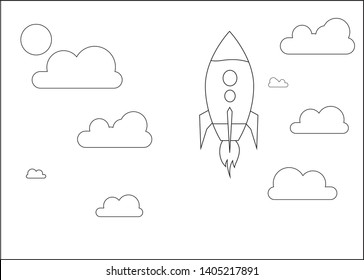 Vector Rocket launch.Rocket icon Vector, Cloud background, eps. 10, Black & White