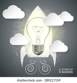 Vector rocket with lightbulb for startup infographic. Can be used for workflow layout, banner, diagram, web design.