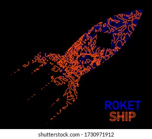 Vector rocket logo colors on black background. Rocket launch Space illustration. Business startup concept form lines, particle style design