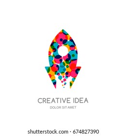 Vector rocket logo, sign, emblem design elements. Flying color rocket isolated symbol. Concept for start up, business solutions, high technology, development and innovation, creativity.